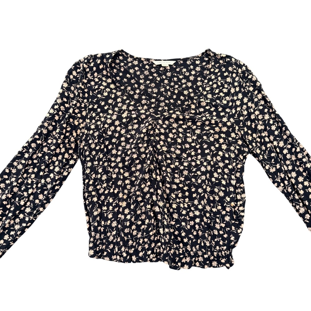 American Eagle Womens Small Black Floral Long Sleeve V-Neck Elastic Hem Blouse - Picture 2 of 9